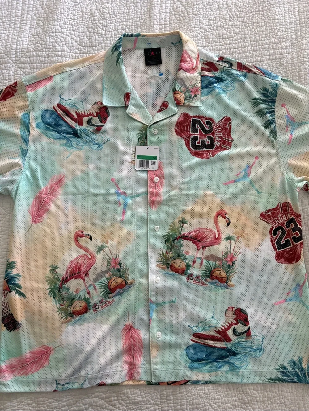 Jordan Mint Tropical Flamingo Button-Down Shirt with Pink Accents